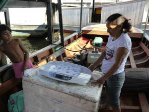 Looking for a flat, even surface to use the annoyingly-sensitive pediatric scale. This fish-filled Styrofoam cooler on a boat did not work – we had to use the dock.